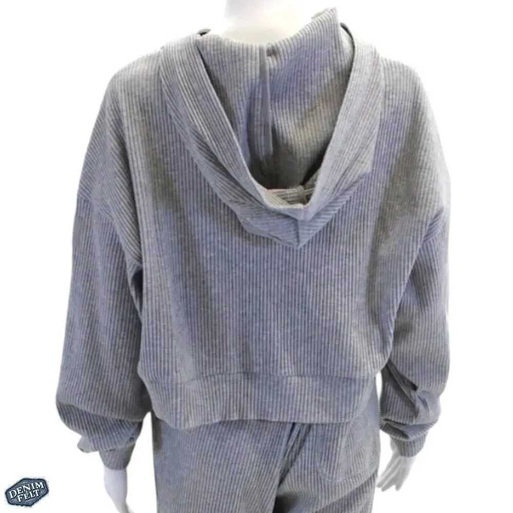 Alo Yoga Muse Hoodie Gray Cropped Ribbed Athleisure Pullover Sweatshirt Gym - Picture 8 of 15